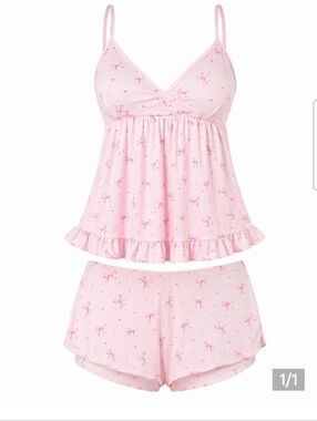 Macy's Light Pink Bow-Print Ruffled Camisole & Shorts Set